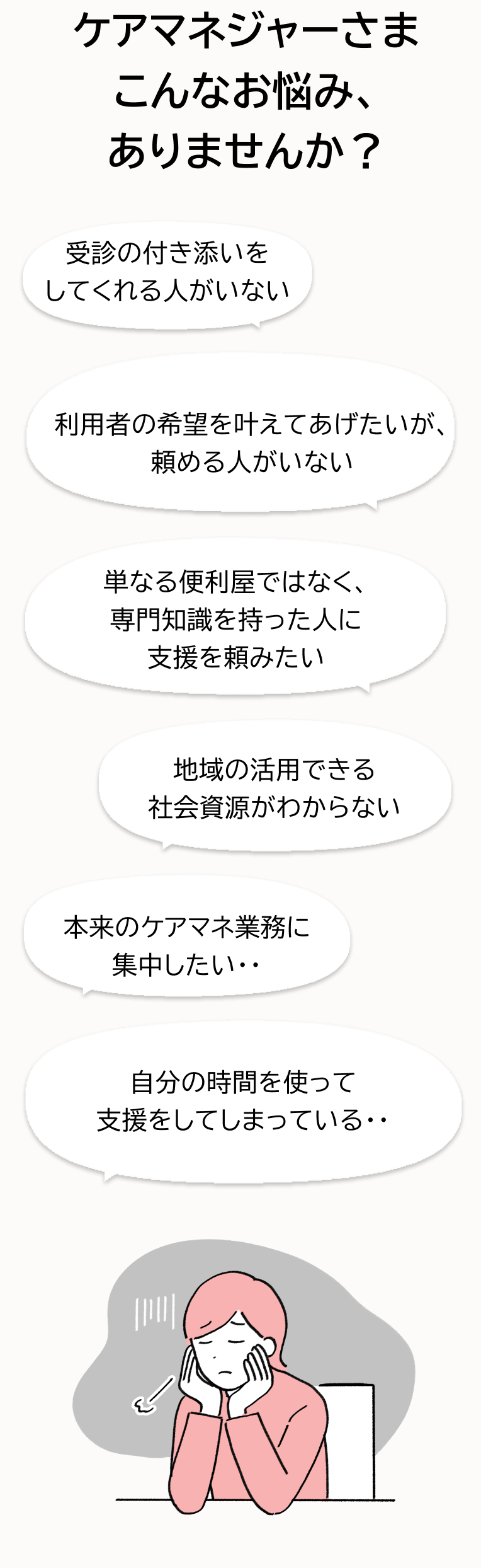 ケアマネジャーさま、こんなお悩みありませんか？
単なる便利屋ではなく、専門知識を持った人に支援を頼みたい
利用者の希望を叶えてあげたいが頼める人がいない
受診の付き添いをしてくれる人がいない
地域の社会資源がわからない
本来のケアマネ業務に集中したい
自分の時間を使って支援をしてしまっている