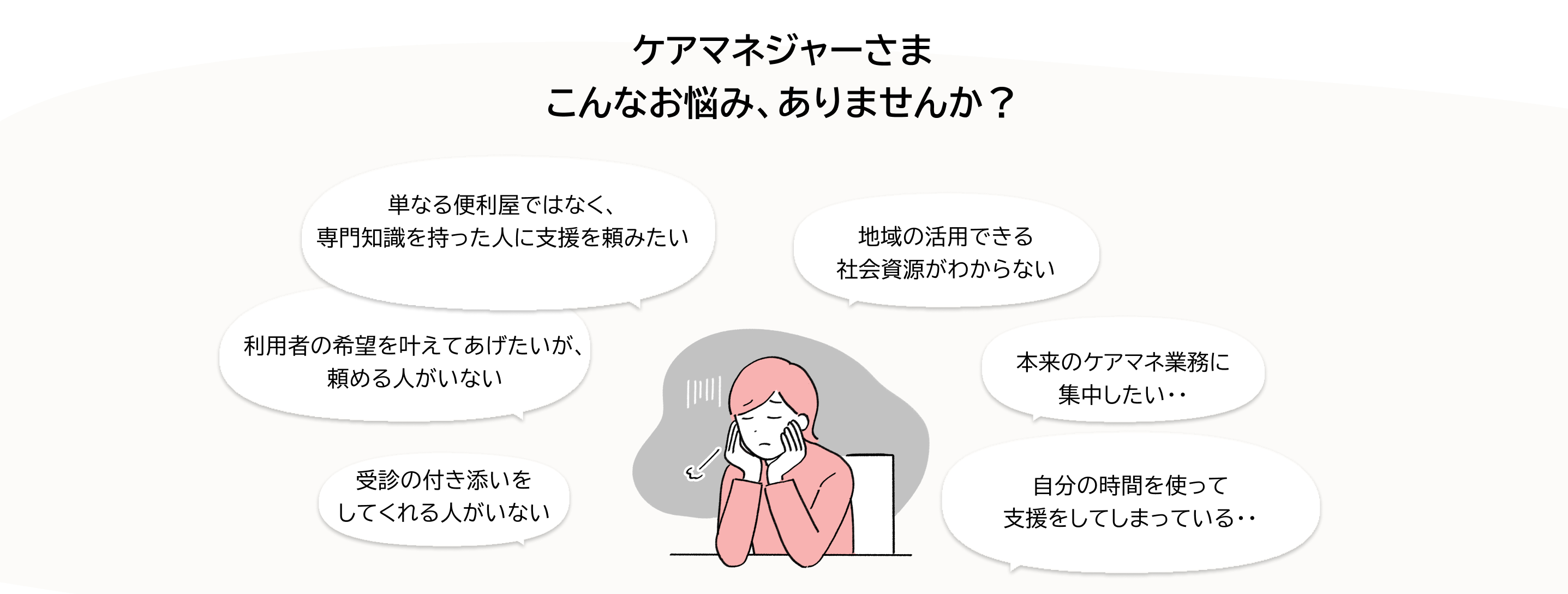 ケアマネジャーさま、こんなお悩みありませんか？
単なる便利屋ではなく、専門知識を持った人に支援を頼みたい
利用者の希望を叶えてあげたいが頼める人がいない
受診の付き添いをしてくれる人がいない
地域の社会資源がわからない
本来のケアマネ業務に集中したい
自分の時間を使って支援をしてしまっている